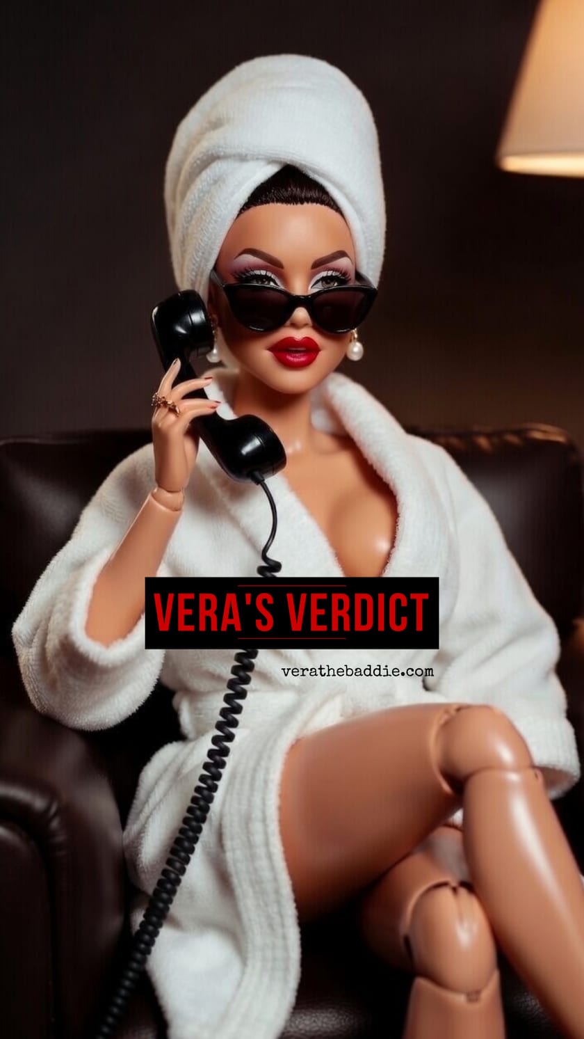 Vera — a fashion doll in a white spa robe and head towel, oversized black sunglasses and red lipstick — reclining in a leather armchair with a black rotary telephone handset to her ear.